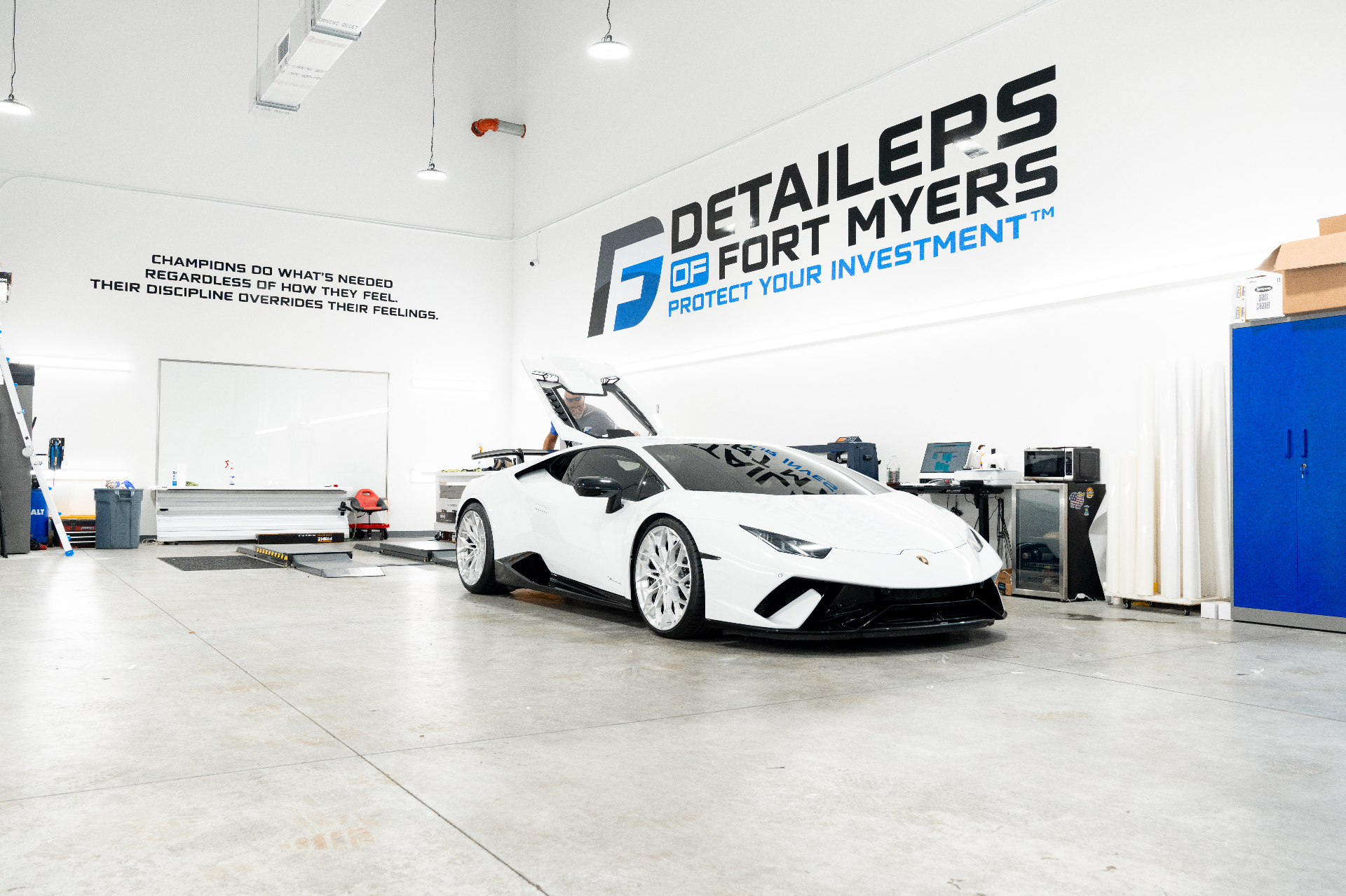 White Lamborghini Huracán Performante inside the Detailers of Fort Myers shop